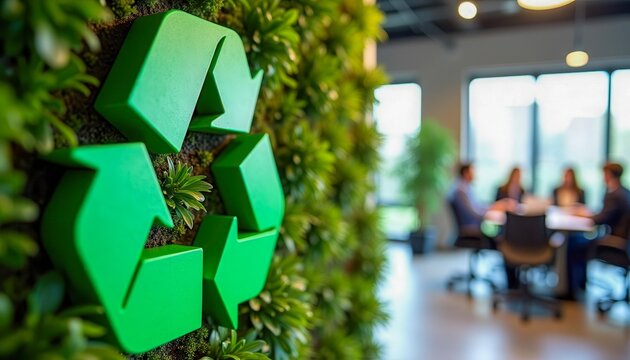 Green recycling symbol on a wall with a blurred group of people in a meeting room. The setting emphasizes sustainability and eco-friendly practices.