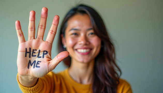 A young Asian woman with long dark hair smiles while holding up her hand, which has the words 'HELP ME' written on it. She wears a yellow sweater against a neutral background.