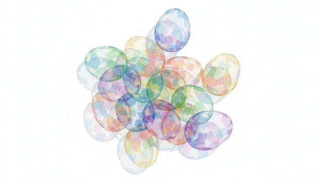 A collection of colorful, translucent eggs arranged in a random pattern. The eggs feature various pastel colors and soft edges, creating a whimsical appearance.