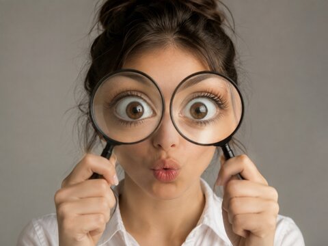 A playful close-up portrait of a young woman holding two magnifying glasses in front of her eyes, creating an exaggerated enlarged-eye effect. Her surprised expression and clean neutral background cre