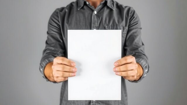 Hands in business clothes hold a white empty sheet of paper on a gray background. The layout is ideal for demonstrating printed product designs. Used in templates and promos.
