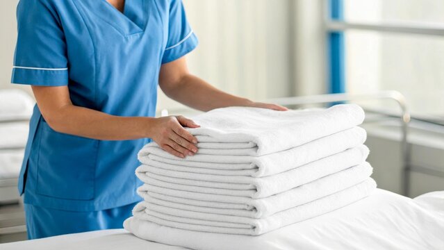 A healthcare worker in blue scrubs folds clean white towels in a hospital setting. The scene emphasizes cleanliness and organization in medical environments.