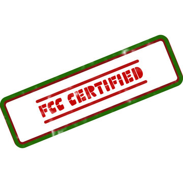 FCC Certified rubber stamp icon, red and green regulatory certification seal, official compliance mark for electronics packaging