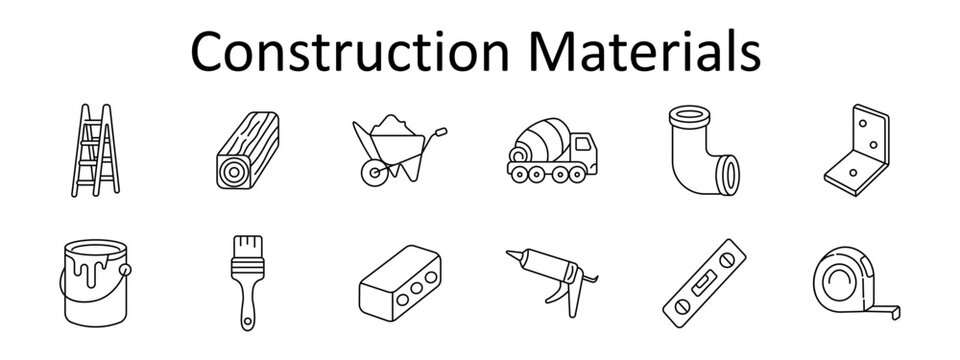 Construction materials set icon. Ladder access, timber log, mortar carrier, cement mixer, plumbing elbow, steel bracket, paint bucket, coating brush, masonry block, sealant applicator
