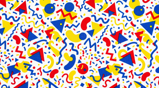 Vibrant 80s Memphis style geometric pattern background with colorful shapes