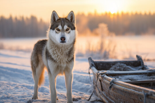 Celebration of National Sled Dog Day with a Siberian Husky at sunrise in the winter snow