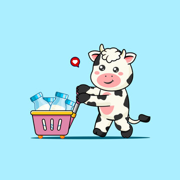Cute Cow Pushing Shopping Cart with Milk Bottles Vector Illustration
