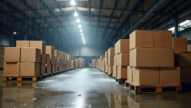 Industrial warehouse interior with rows of stacked cardboard boxes on wooden pallets while rain leaks heavily through the damaged roof creating a dramatic gloomy atmosphere and flooded concrete floor