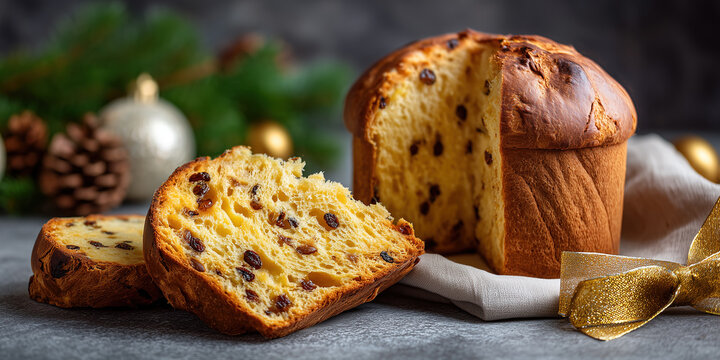 Traditional Italian panettone served on a table for Christmas with slices and holiday decorations nearby