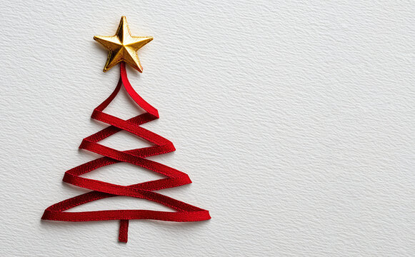 Festive New Year background with red ribbon shaped like a Christmas tree and a golden star at the top