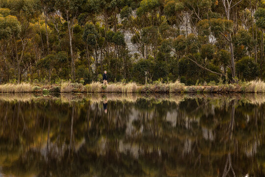 man walking perimeter of pond at dawn, Stanford, South Africa