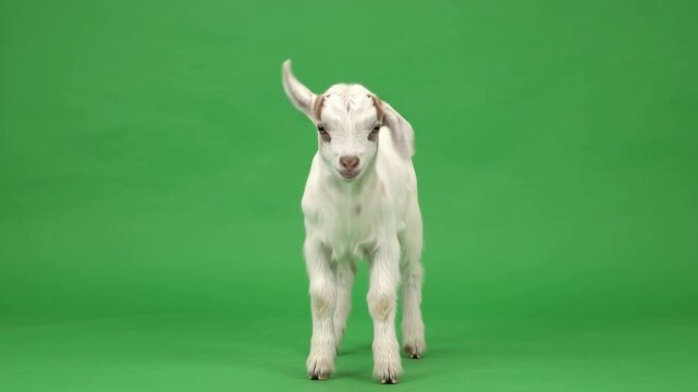 Cute Baby Goat Jumping Playfully on Green Screen Background