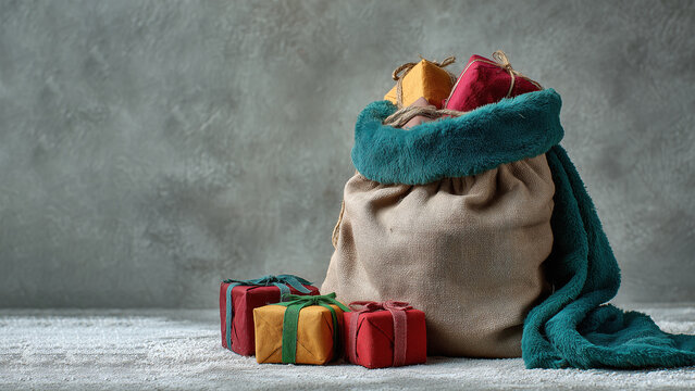 New year theme with a bag filled with gifts and colorful boxes on a light surface