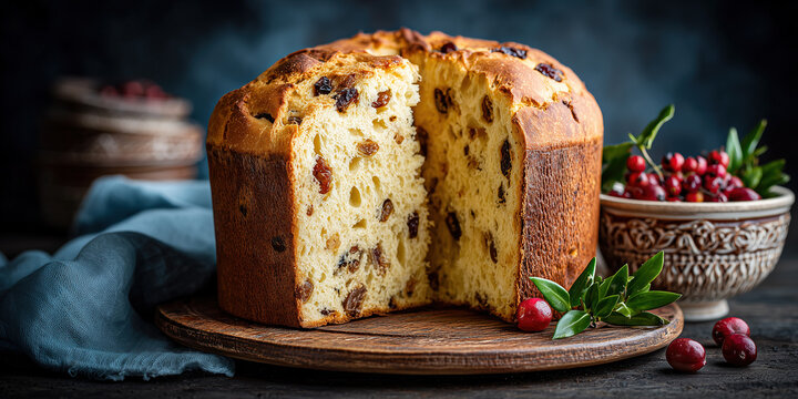 Traditional Italian panettone on a wooden board during the Christmas season with decorations around it
