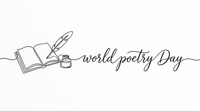 Minimalist continuous line drawing featuring open book feather quill inkwell and World Poetry Day script on white backdrop.