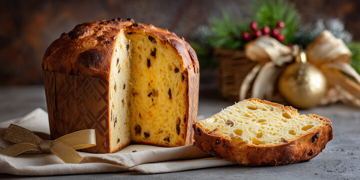 Homemade Italian Panettone with fruit on display during the Christmas season
