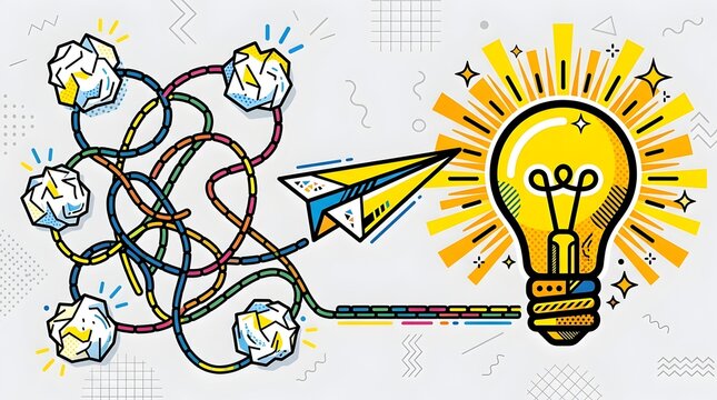 Vector Illustration of Creative Thinking and Problem Solving Concept with a Glowing Lightbulb, Tangled Lines and a Paper Airplane Representing Innovation and Clear Ideas