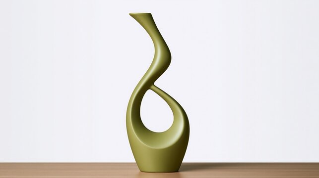 Green abstract ceramic vase on wooden table against white wall  