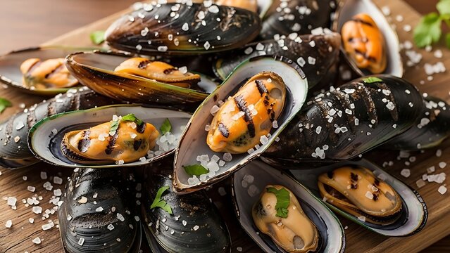 Large bowl of steamed mussels with sea salt flakes.