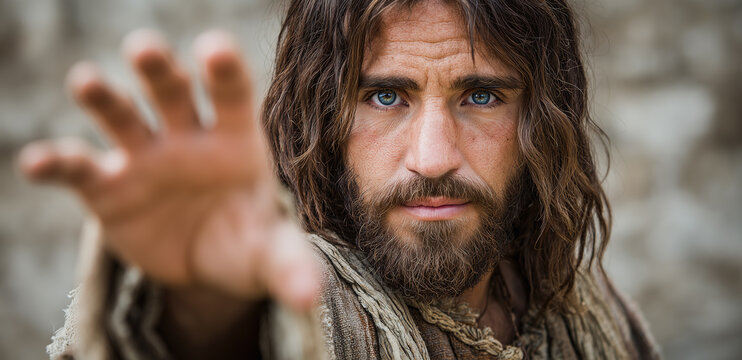 Jesus Christ offers a helping hand to a person in need in a timeless setting of faith and hope