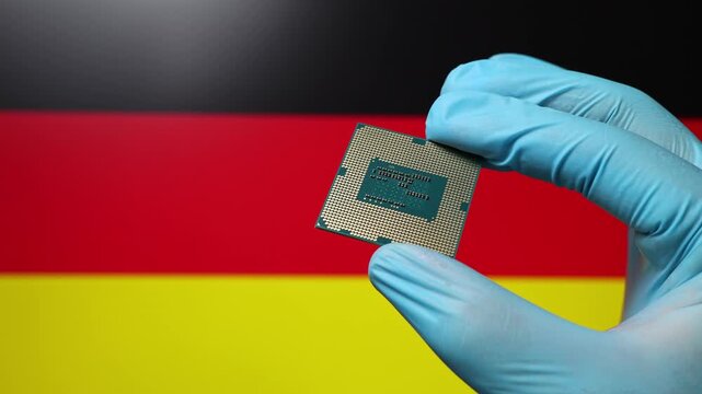 Close up view of hand in blue glove holding CPU microchip. German flag in blurred background. Concept of semiconductor shortage and artificial intelligence development in Germany.