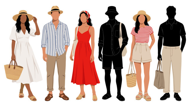 Set of vector collection featuring different American men and women wearing Tomato Girl inspired fashion, linen shirts, flowy dresses, striped tops, woven sandals, straw hats