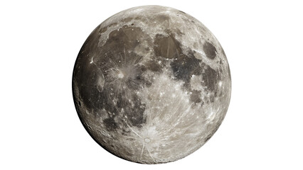 Detailed textured grey full moon sphere planet isolated on transparent background for astronomy science education graphics. © Ward