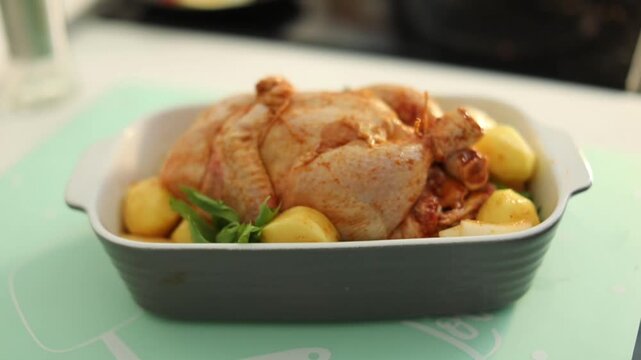 Woman preparing raw chicken and potatoes in a baking dish before cooking in the oven. 