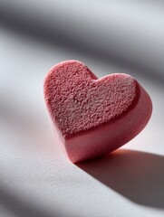 Fototapeta premium Single red heart-shaped marshmallow on smooth off-white surface, minimalist design, soft shadow, precise geometry, delicate texture, natural lighting, artisanal dessert concept.