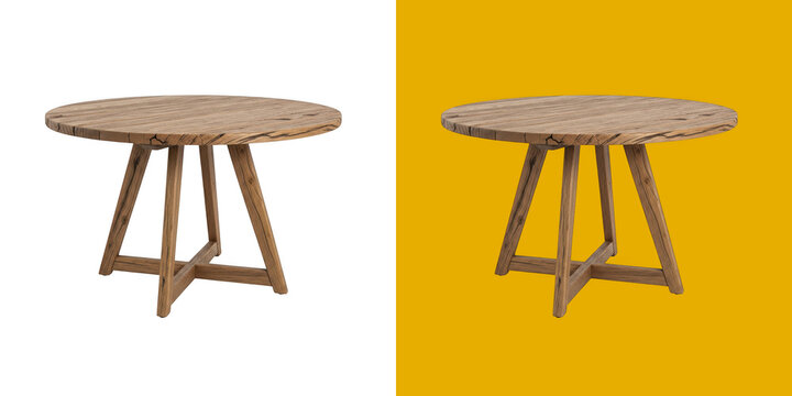 Rustic round wooden dining table with sturdy cross leg base design transparent png