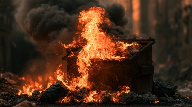 Fire burns a dumpster in a city street filled with trash during the evening hours