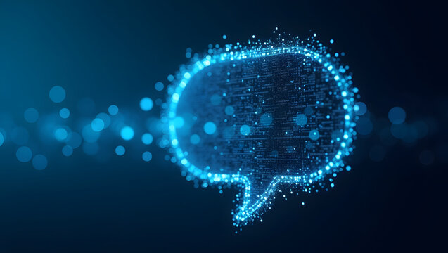 Digital communication concept with glowing blue data stream forming a chat bubble symbol on abstract dark background showing futuristic technology network connection for modern business strategy inter