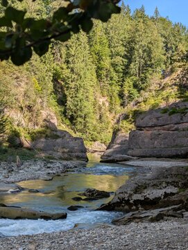 Ammer River flows through  the rocky Scheibum gorge (Ammerdurchbruch) surrounded by forest ideal for nature travel