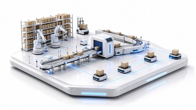 Smart warehouse automation with robotic arms and autonomous mobile robots in logistics center