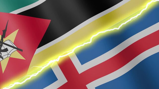 Two waving flags Mozambique and Iceland with diagonal lightning seamless, 4k loop