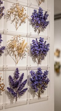 Mounted pressed lavender and dried seedheads in acrylic grid display