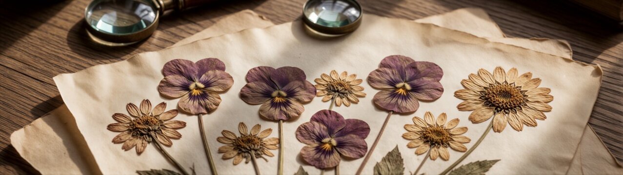 Pressed pansies and daisies arranged on aged paper under light