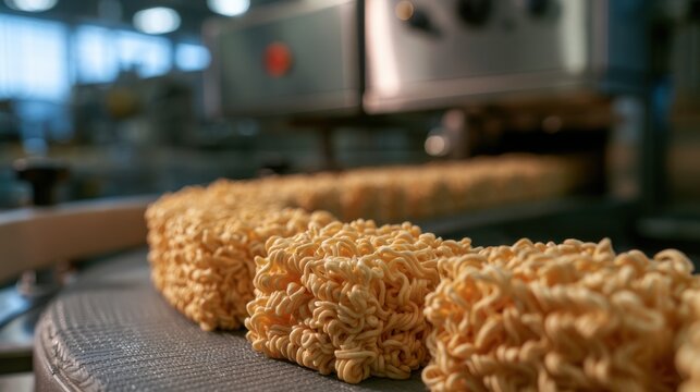 Production of instant noodles on a conveyor belt in a factory during daytime