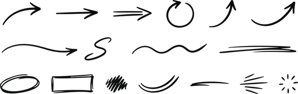A collection of hand drawn arrow and shape elements for creative design and illustrative purposes