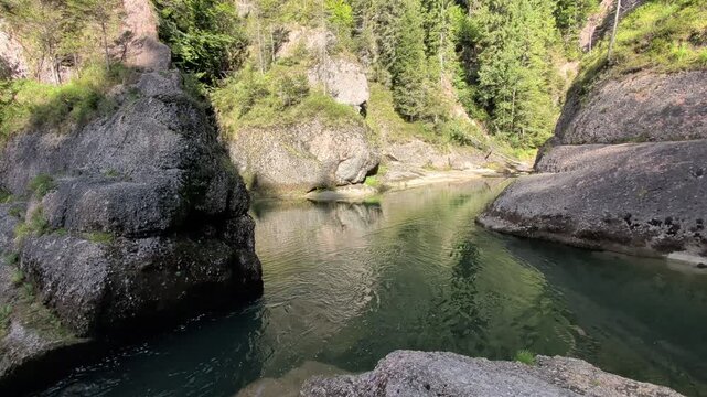 Ammer River flows through  the rocky Scheibum gorge (Ammerdurchbruch) surrounded by forest ideal for nature travel