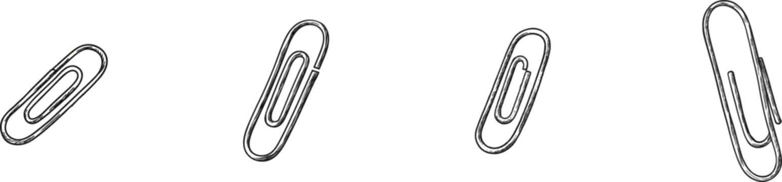 A minimalist black-and-white hand-drawn doodle vector illustration of a single paper clip icon, isolated against a pure white background