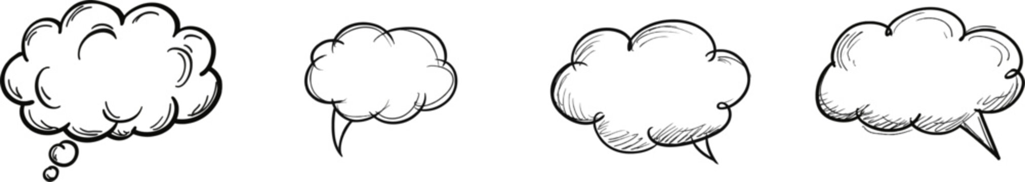 A black-and-white hand-drawn doodle vector illustration of a single thought cloud with a tail pointing down, isolated on a pure white background