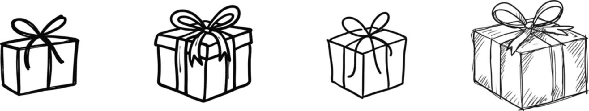 A minimalist black-and-white hand-drawn doodle vector illustration of a single gift box icon with a bow, isolated on a pure white background