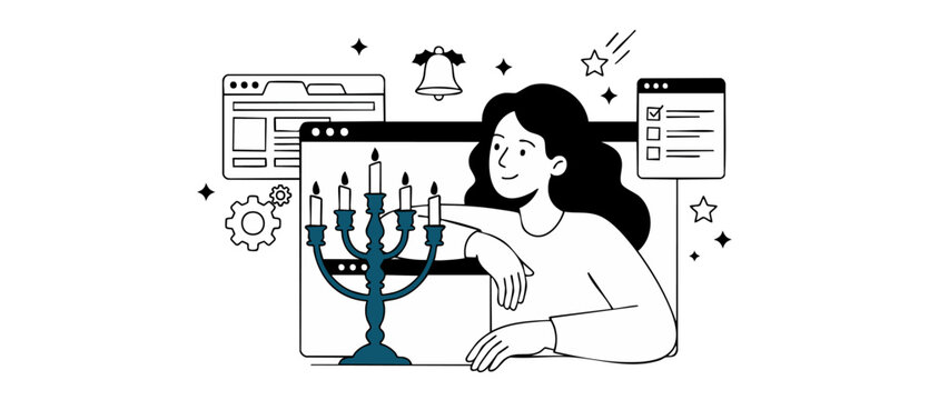 Hanukkah menorah online woman celebrating holiday website illustration vector line art of Jewish festival of lights with digital browser windows, task list, bell icon and minimalist graphic design