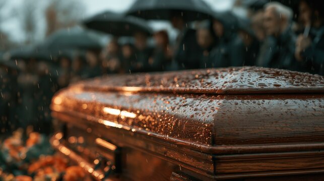 Rain falls on a wooden casket during a burial ceremony in a cemetery with mourners in attendance