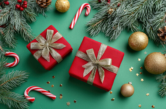 Decorations with red gifts, ornaments, candy canes, and pine branches for the New Year celebration