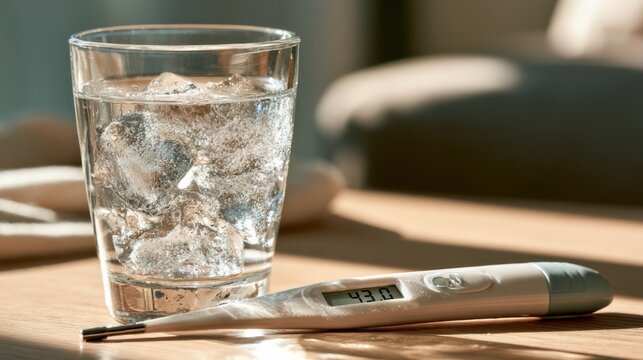 Glass of water with ice next to a digital thermometer showing temperature reading