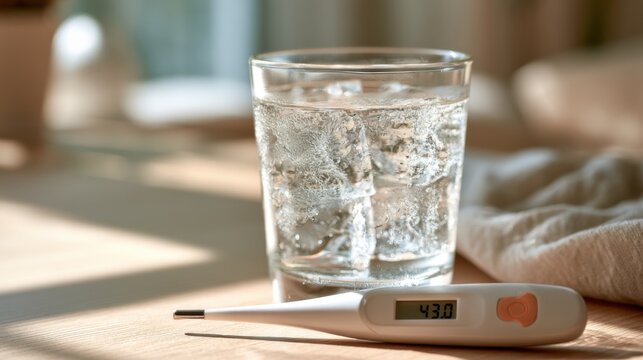 Glass of cold water with ice and a digital thermometer showing high temperature on a wooden table inside a room