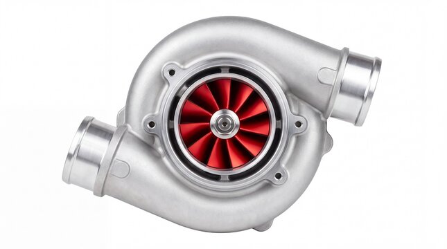 Metallic car turbocharger unit featuring high performance red turbine blades isolated on white background