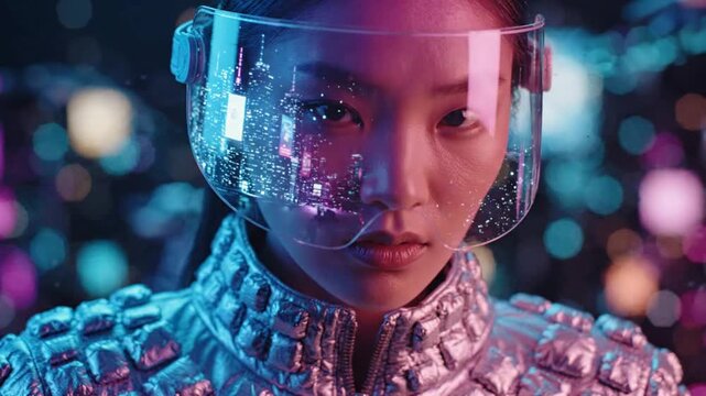 Asian woman wearing futuristic visor with neon city reflection looking at camera in a cyberpunk setting.